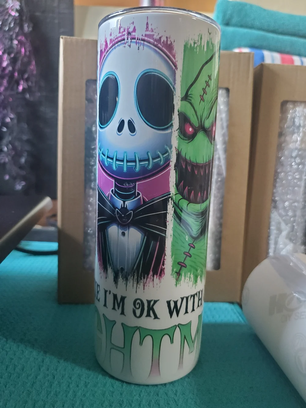 Nightmare Inspired Skinny Tumbler with Neon Blue & Pink Character Art